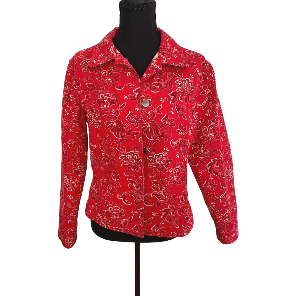 L.L. Bean Jacket Womens Small Red Trucker Jacket Paisley Floral Western Boho